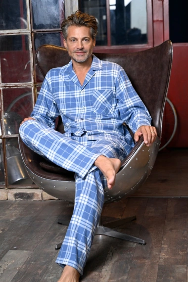 pizama-meska-flanelowa-758rvx.webp Piżama Męska Rozpinana Długi Rękaw Flanelowa Niebieski Ringella - obrazek 1