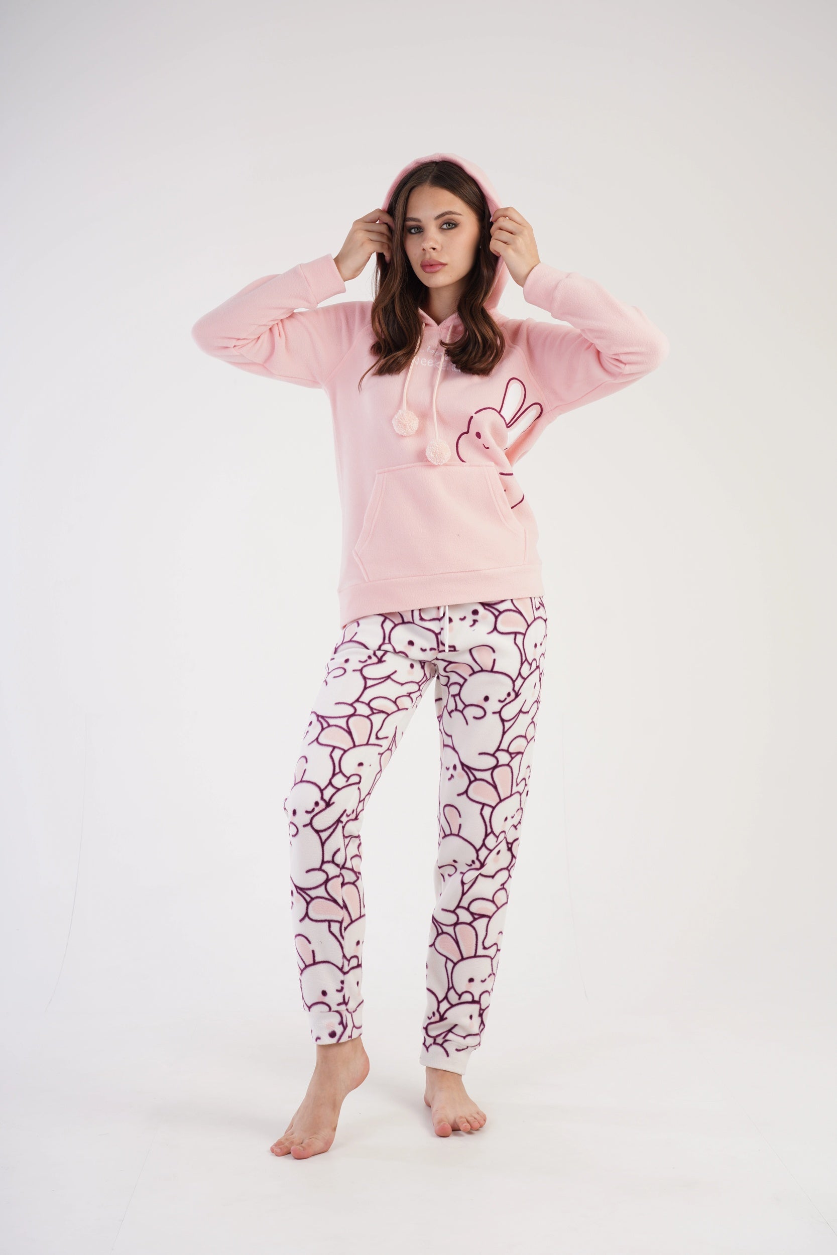 pizama-polarowa-damska-314fnd.jpg Piżama Damska Polarowa Vienetta Happy Bunny Hoodie, brzoskwiniowa, r. S XL - obrazek 1